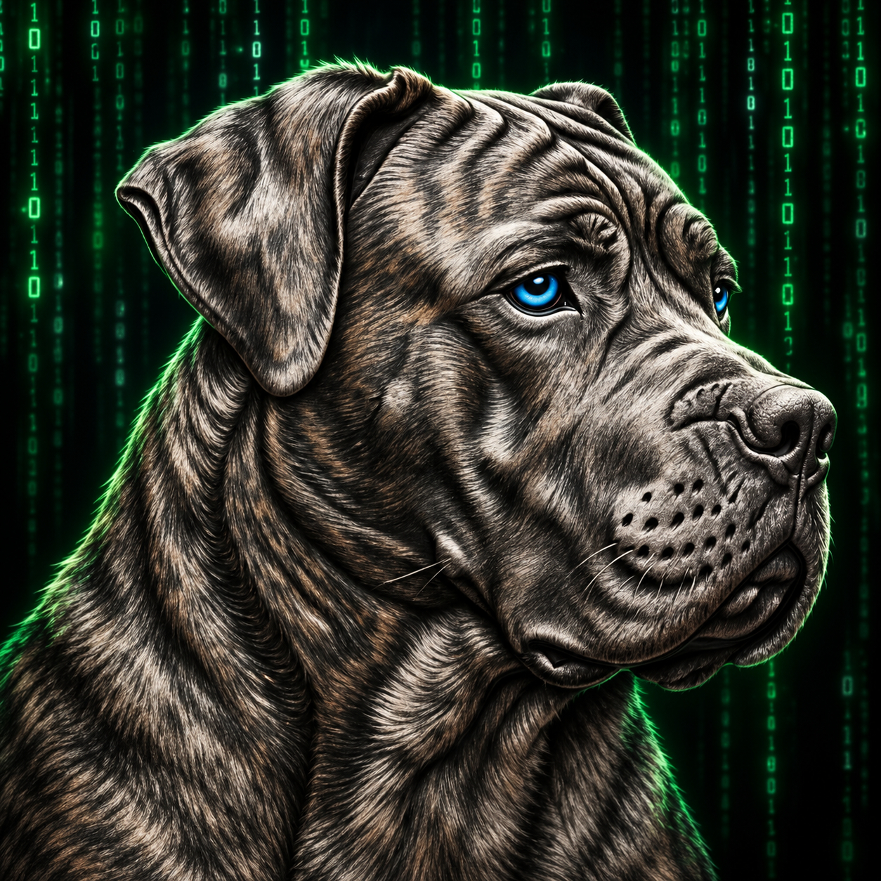 Matrix, a blue-eyed brindle Cane Corso with natural folded ears